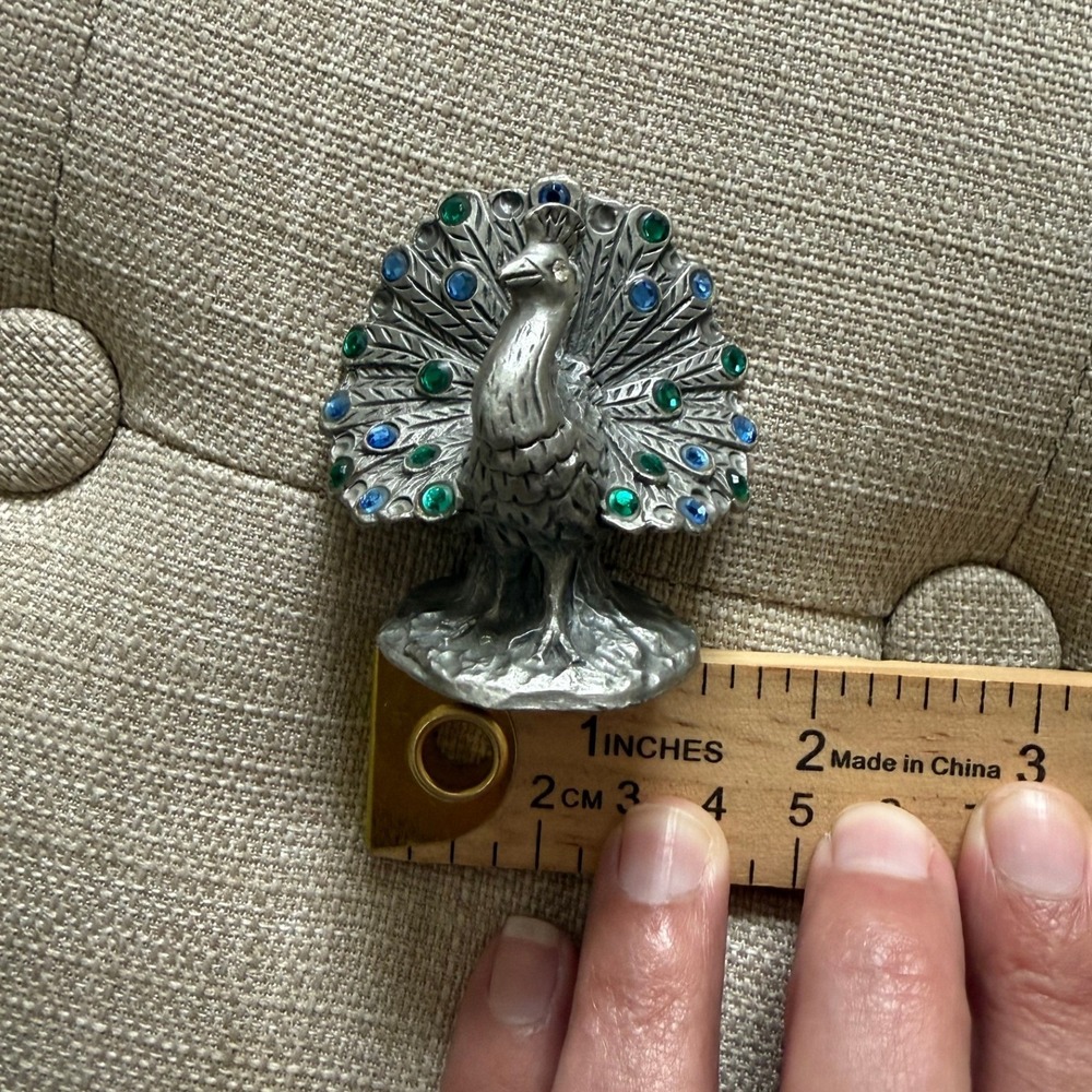 Vintage Pewter Peacock Figurine Miniature Blue Green Rhinestone Jewel Tail - Picture 13 of 13
